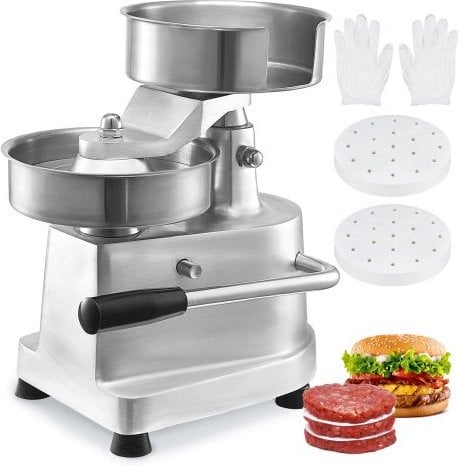 VEVOR Commerciële Burger Patty Maker van roestvrij staal, 150 mm, Zilver, inclusief 1000 stuks patty-papier