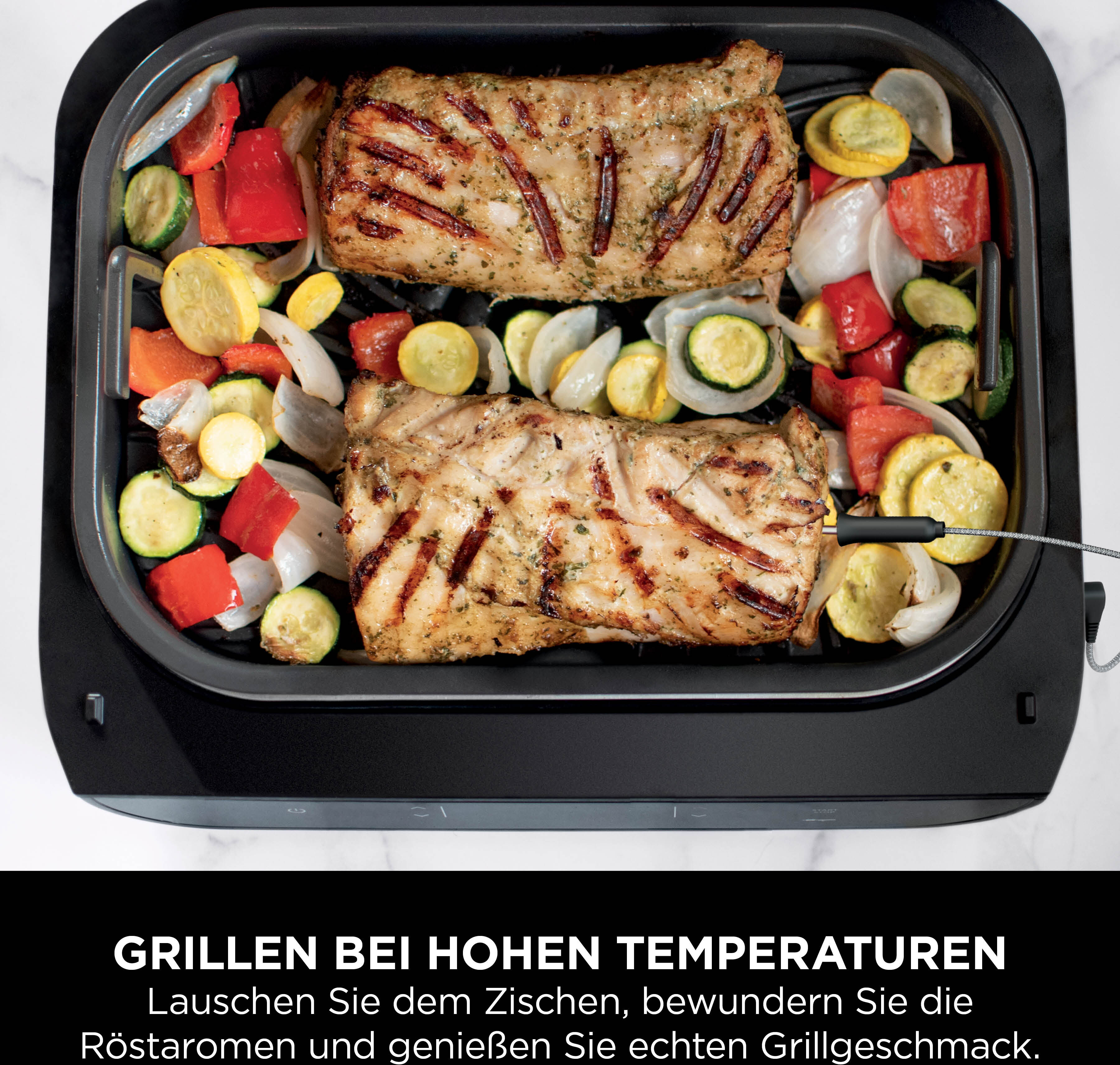 Tischgrill NINJA "DG551EU", schwarz (schwarz, edelstahl), B:28,2cm H:40cm T:42cm, Kontaktgrill_Standgrill_Tischgrill_Teppanyakigrill, Tischgrill, 6-in-1 MAX Grill und Heißluftfritteuse