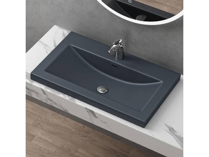 doporro Lavabo à Encastrer Vasque Gris Noir Mat Solid Surface 76\,5x48x13cm Solid Surface\, pour Salle de Bain\, Colossum01