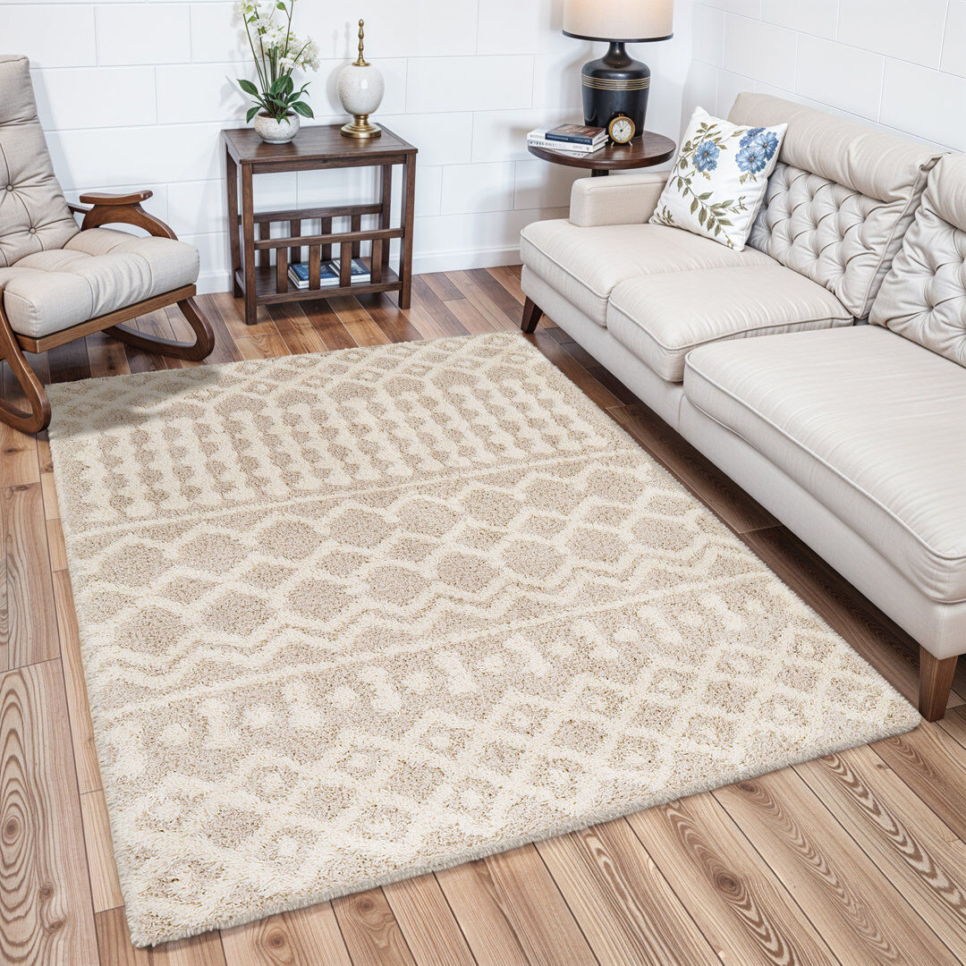 Blue Elephant Geometric Shag Cream;Ivory;Beige Rectangle 140 x 200cm