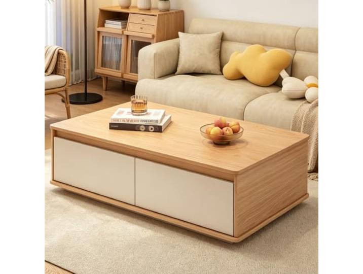 Minimalistischer Couchtisch mit zwei Schubladen, umweltfreundliche Platte Couchtisch mit 2 Schubladen & zweistufiger Platte, viel Stauraum, viele Größen & Farben(Natural,55.1in)