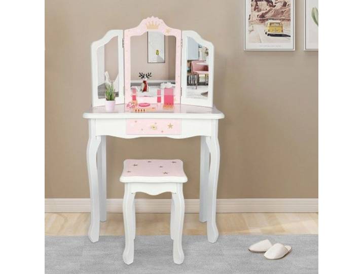 Coiffeuse enfant - LALAHO - Coiffeuse avec Miroir et Tabouret Miroir à trois volets Rose