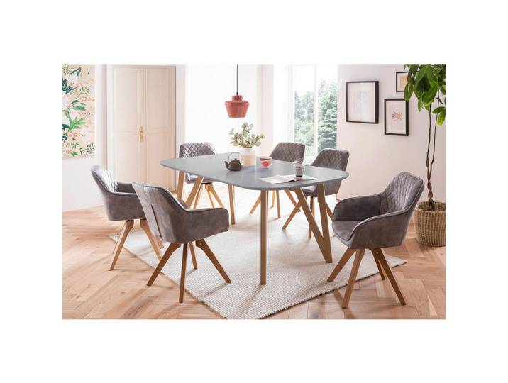 Mid.you Tischgruppe, Grau, Holz, Buche, Eiche, massiv, Raute, oval, Stativgestell, 90x76x180 cm, Esszimmer, Tische, Esstische