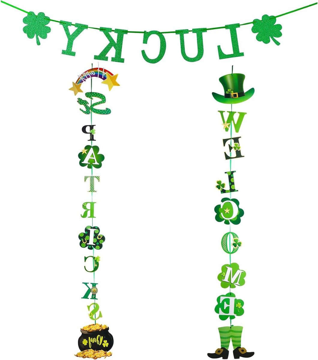 St. Patrick's Day Welkomstbord - Ierse hangende deurdecoratie met klaver, regenboog en kabouter ornament