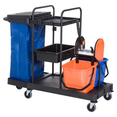MODFU Reinigungswagen Putzwagen 111x63x103 cm mit Auswringer 2 Ablagen 2x18L Eimer Abfallsack 4 Rollen Metall Schwarz für Profieinsatz