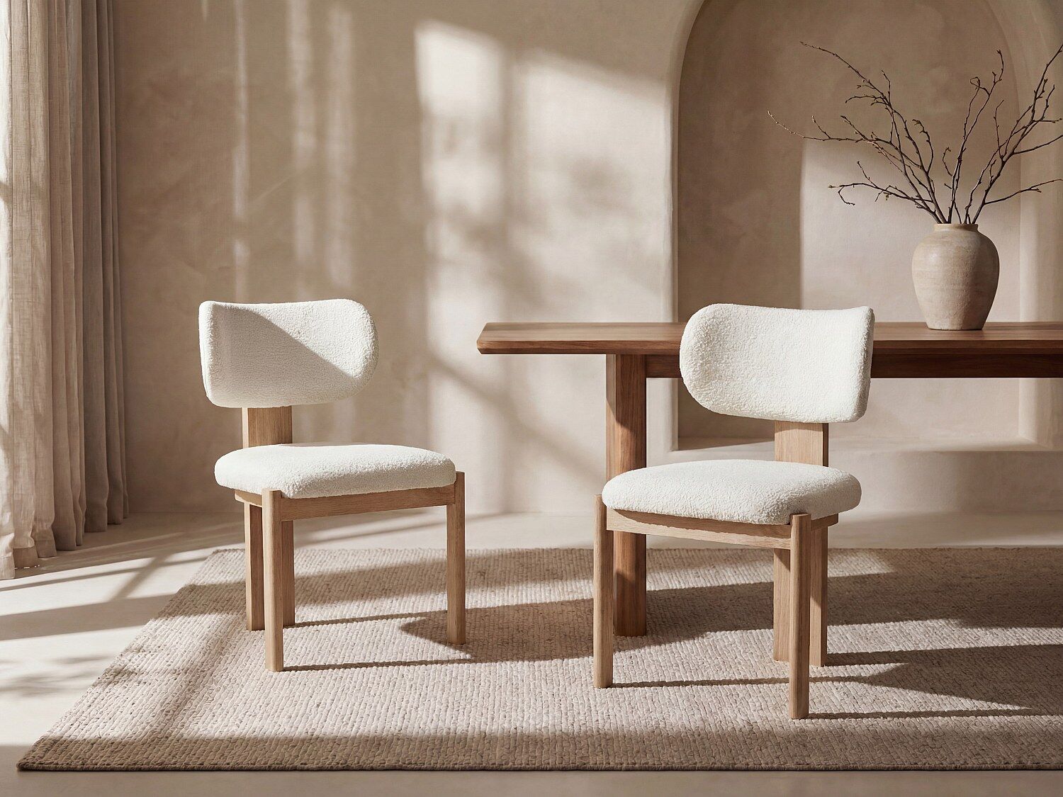 Unique Set de 2 sillas en tela bouclé y madera de hevea - Blanco - WILANA