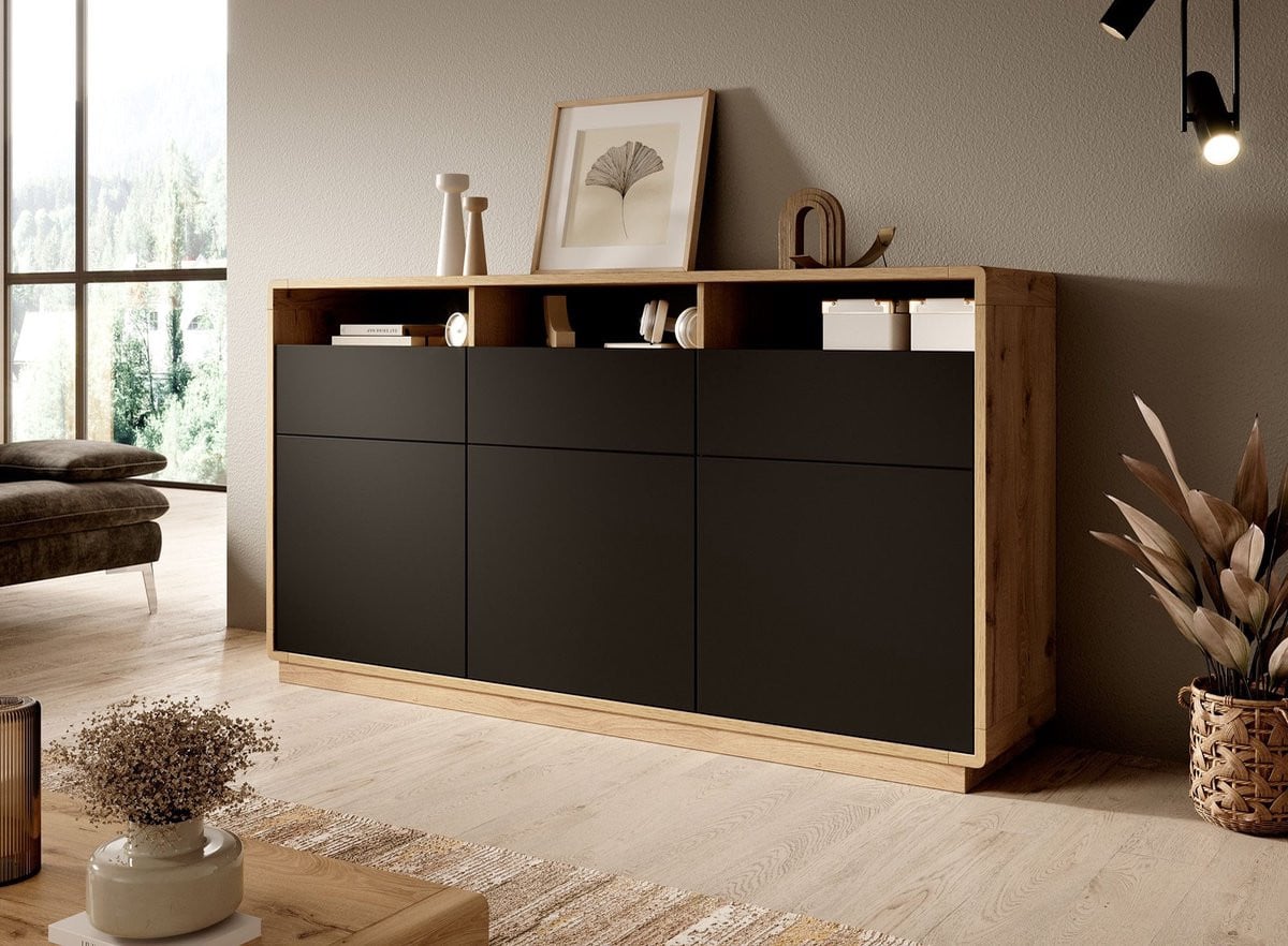 Meubella Dressoir Acuna Modern Mat Zwart Eiken Breedte: 180 cm