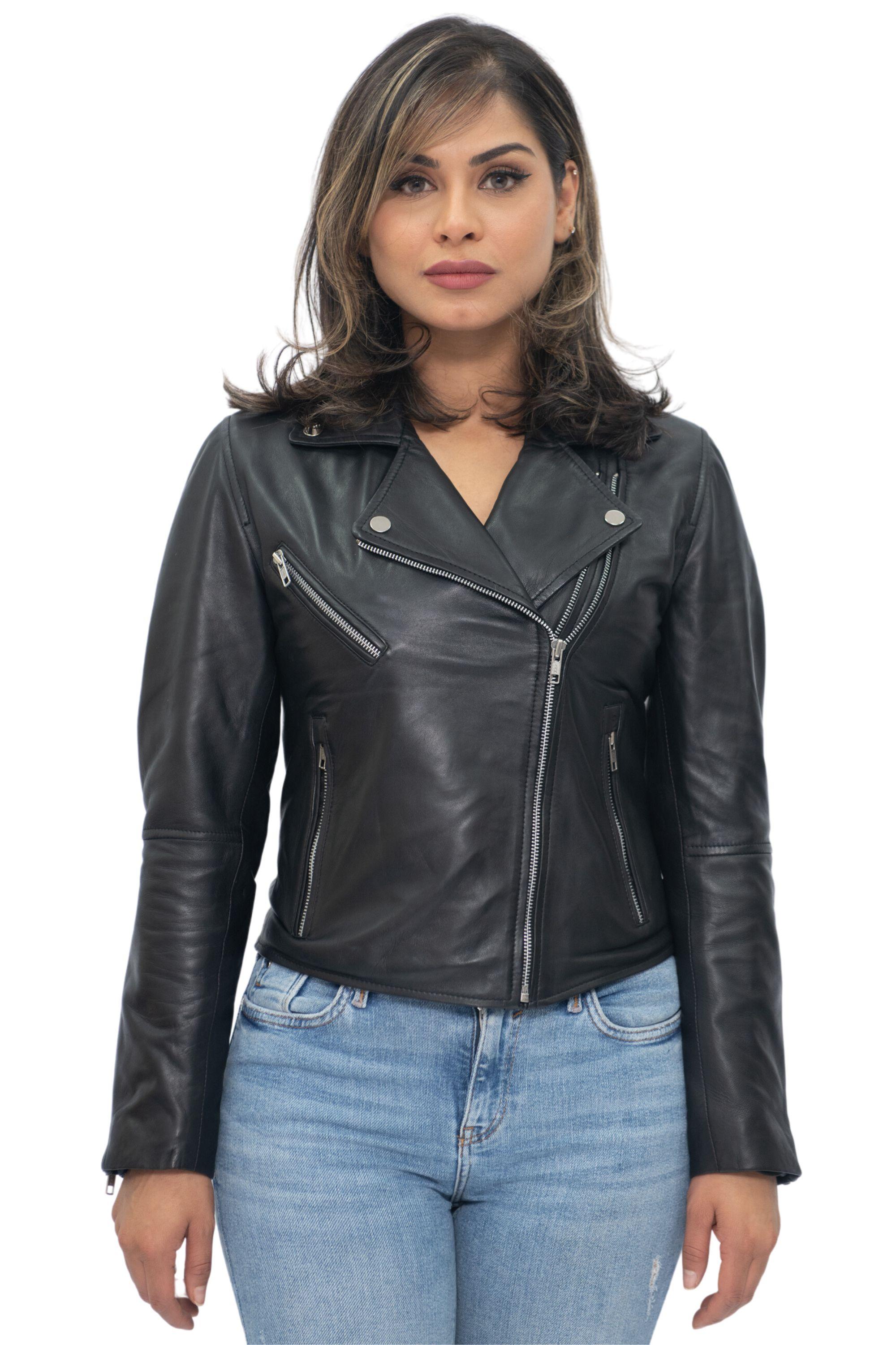 Klassische Damen-Retro-Bikerjacke aus rotem Nappaleder-Bergen