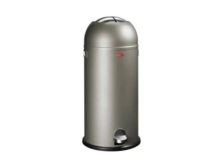 WESCO Kickmaster Maxi Abfallsammler in der Farbe neusilber, pulverbeschichtetes Stahlblech, eingebauter Dämpfer, 40 Liter Volumen, großer Einwurf