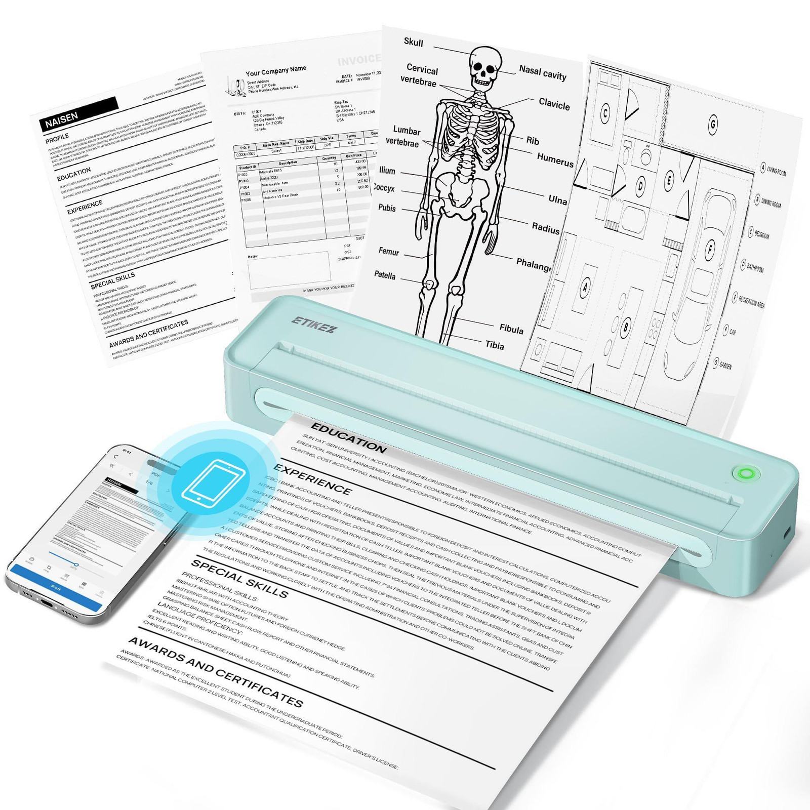 Selius Mobiele thermische A4-printer zonder inkt, Groen