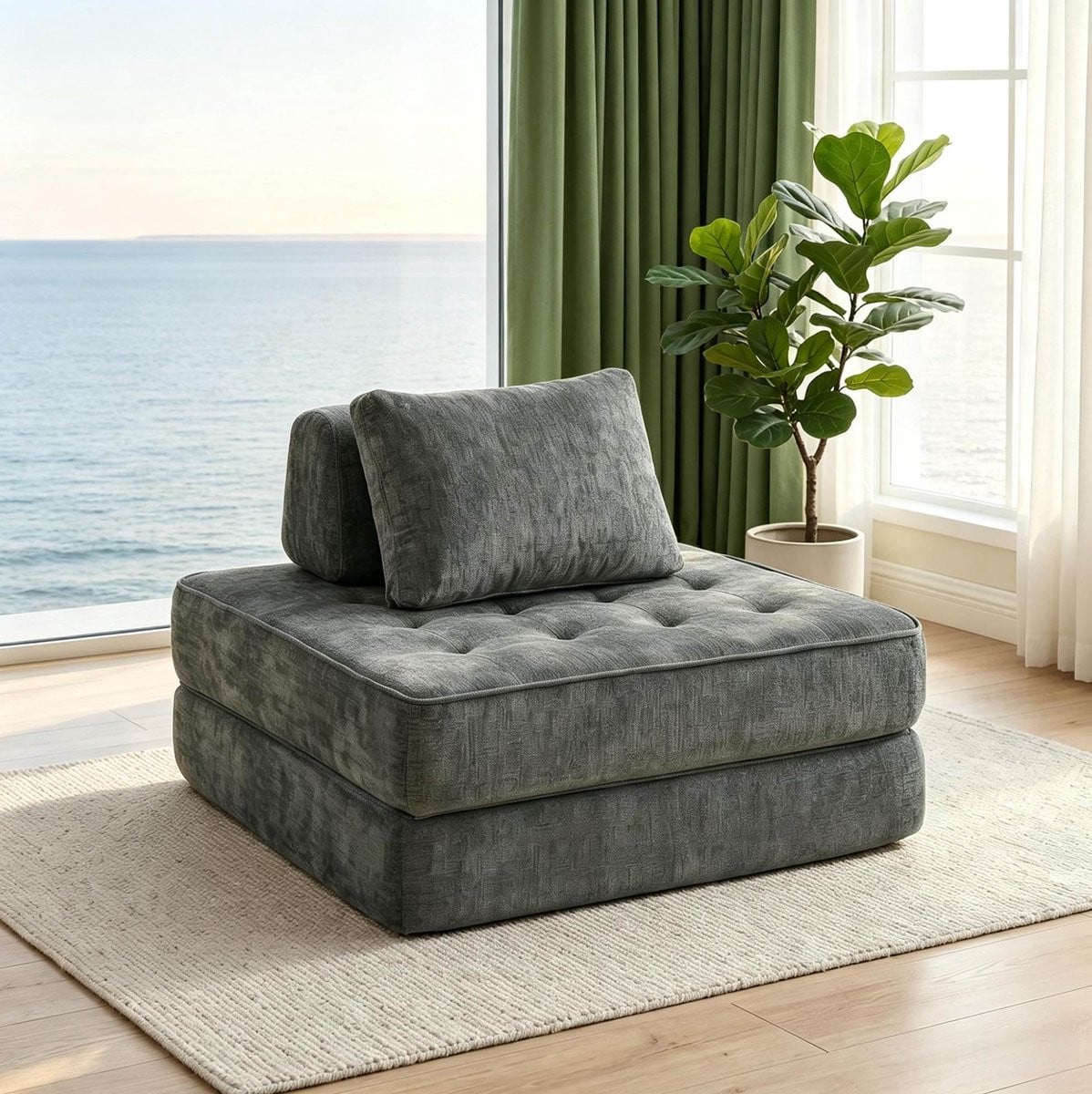 FloraGrace Slaapbank 1-Zits - Opvouwbaar 2-in-1 met Kussen - Chenille Bekleding - Grijs