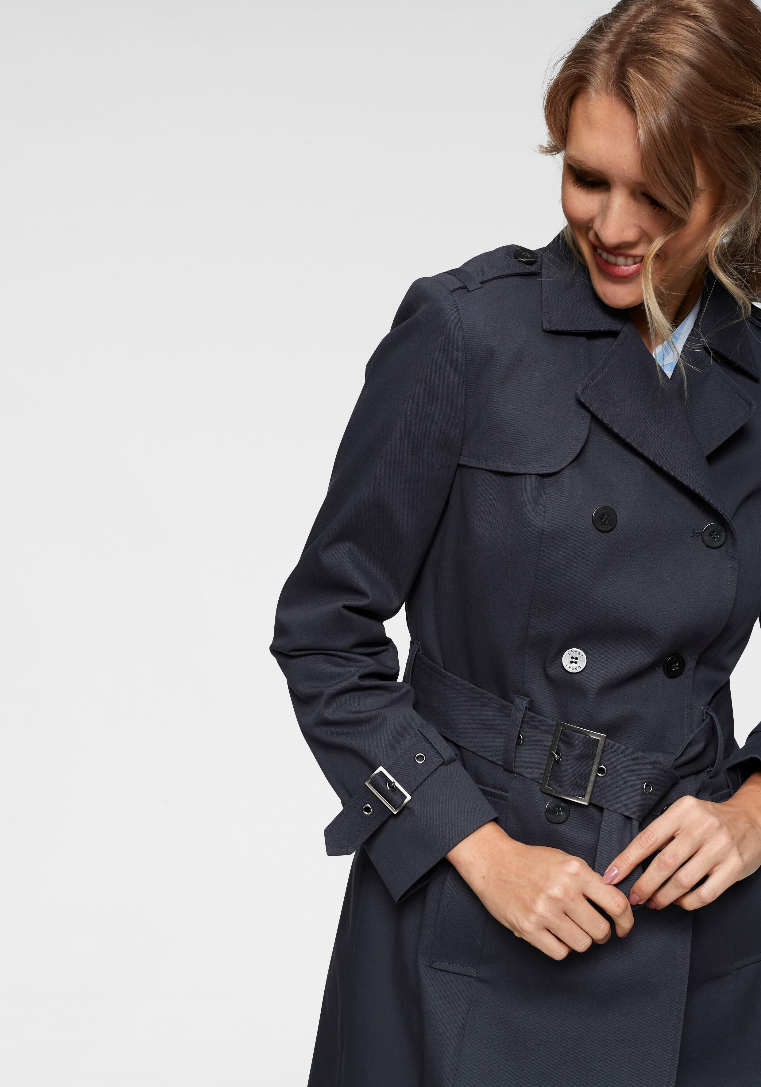 Trenchcoat ANISTON CASUAL, Damen, Gr. 34, blau (marine), Web, Obermaterial: 100% Baumwolle. Futter: 100% Polyester, unifarben, figurumspielend ca. Mitte Oberschenkel, verstellbar, Mäntel Trenchcoat, mit Gürtel zum Regulieren