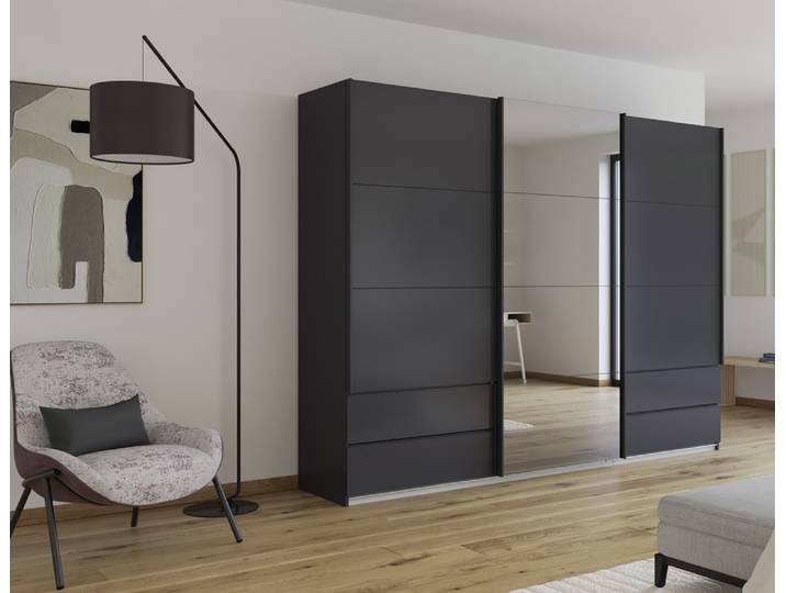 Schwebetürenschrank Elara mit Spiegel in grau , grau metallic , 271 x 210 x 62 cm