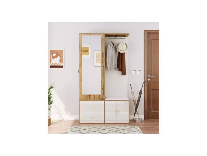 Elégante armoire en bois blanc avec miroir étagère pour chaussures penderie avec crochets et cintres rétractables.