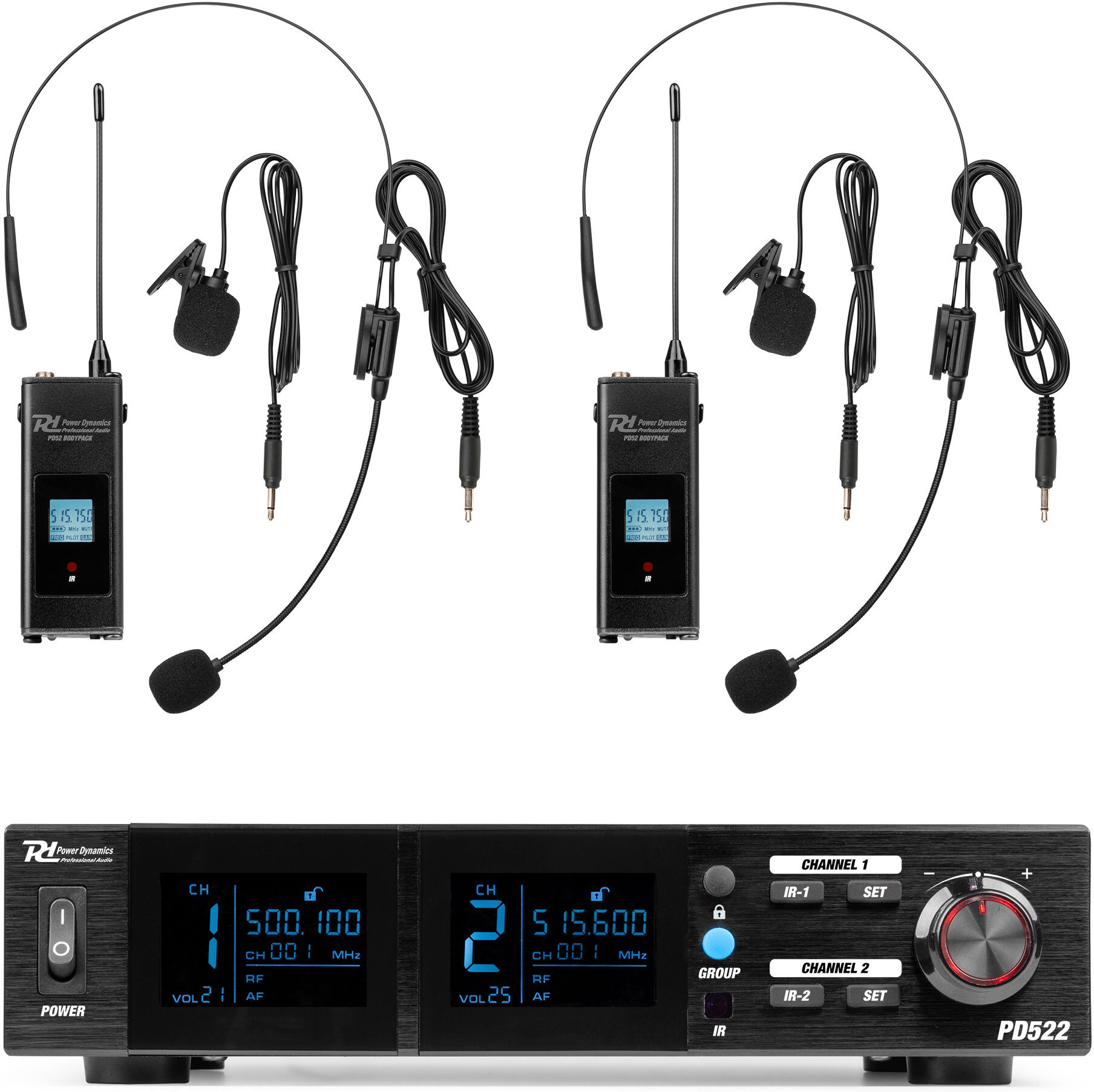 Ensemble de microphones sans fil UHF Power Dynamics PD522B avec 2 microphones de poche - Systèmes de casque audio