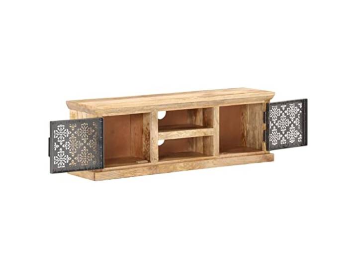 KGHERMDF TV-Schrank mit Stahltüren 120x30x40 cm Mango Massivholz 2 Offene Regale, 2 Türen, Hohle Stahlfront, Pflegeleicht, Für Medienkonsole