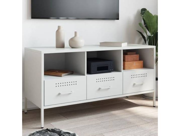 HEFZGDB TV-Schrank Weiß 100,5x39x50,5 cm Stahl Industrie-Stil mit Stauraum und verstellbaren Stellfüßen, Robustes kaltgewalztes Stahlgestell für Wohnzimmer oder Schlafzimmer, einfach