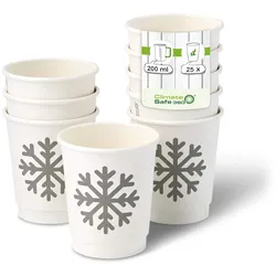 greenbox - Pappbecher doppelwandig Winter "Schneeflocke", 200 ml / 8 oz, Ø 80 mm, weiß, 25 St.