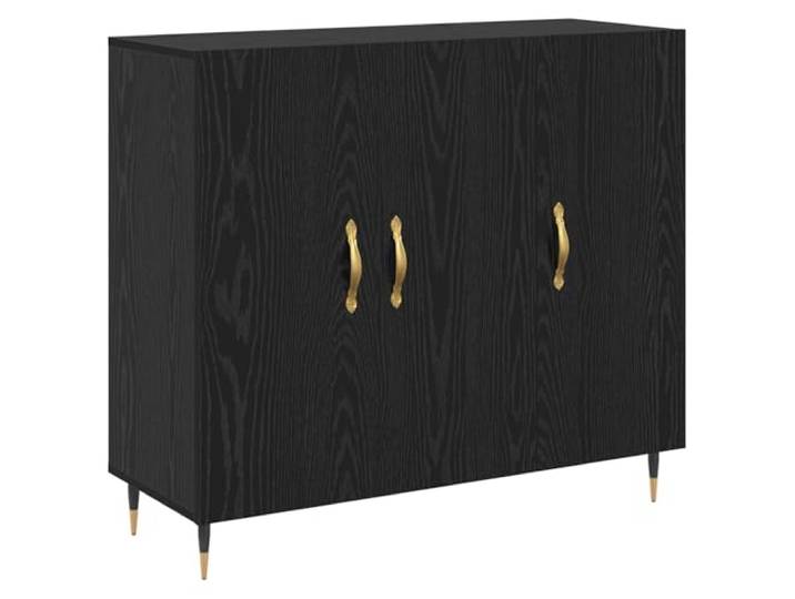 Sideboard Schwarz Eichen-Optik 90x34x80cm Holzwerkstoff Moderne Optik, robuste Holzwerkstoff-Konstruktion, Scharnier-Türen, goldene Griffe, stabile Kegelfüße