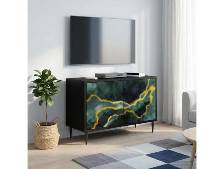 VIHHQGC TV-Schrank WIJHE 69x33x50,5 cm Schwarz Eichen-Optik Holzwerkstoff, erhöhte Füße, dekoratives Muster, viel Stauraum, pflegeleichte Oberfläche