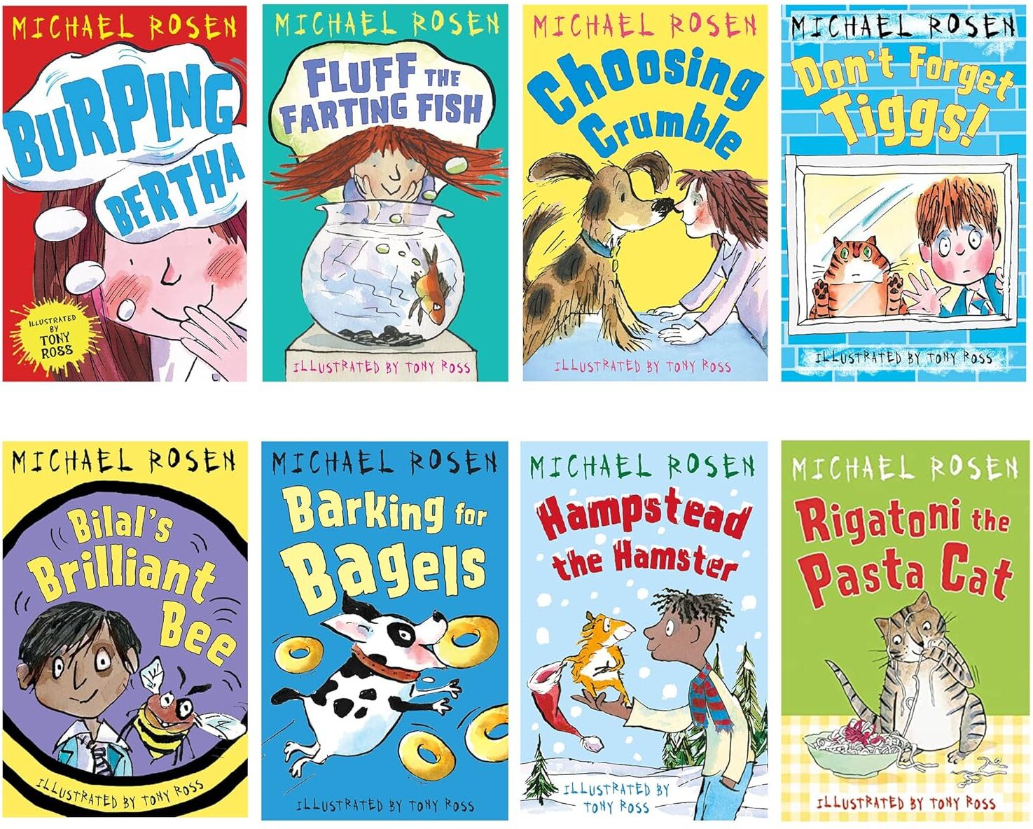 Andersen Press Michael Rosen 8 Books Collection Set - Burping Bertha, Fluff the Farting Fish & More - Paperback - Ages 5-7 - Funny Stories Gift Set