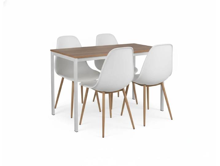 Essgruppe 1 + 4, Tisch RAMOD weiß/Dekor Eiche + Stühle OSAKA weiß