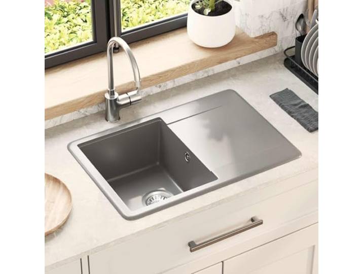 KGTKGTYER Küchenspüle 670 x 460 mm aus Quarz & Harz, Granit-Optik Grau Hitzebeständig bis 280 C, Kratzfest & fleckabweisend, Inklusive Abflussfilter