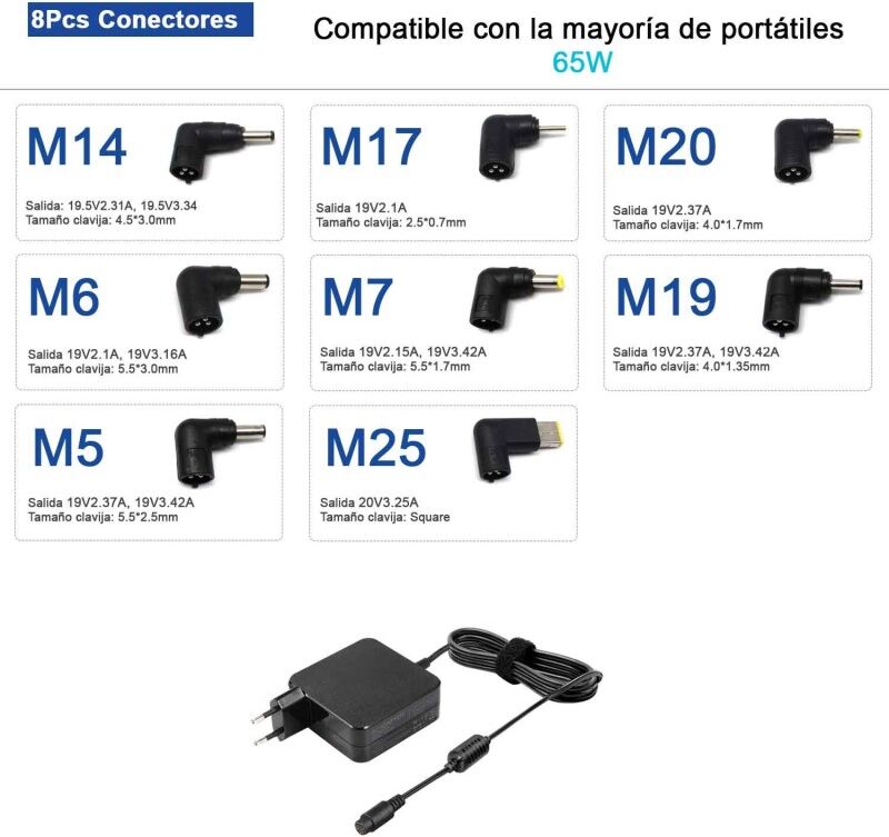 CARGADOR UNIVERSAL DE PARED ULTRA PORTABLE 65W 8TIPS