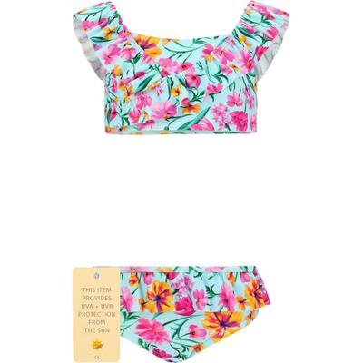 Balconette-Bikini ZIGZAG "Tropical", Kinder, Gr. 104, bunt (blau, pink), 80% Polyamid, 20% Elasthan, bedruckt, mehrfarbig, Bikini-Sets Balconette-Bikini, mit stylischem Rüschendesign und Sonnenschutz