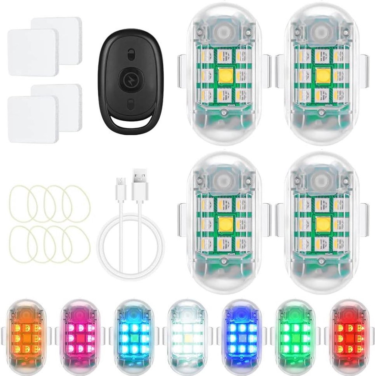 Set van 4 USB oplaadbare drone stroboscoop lichten met RGB effect in zwart en transparant