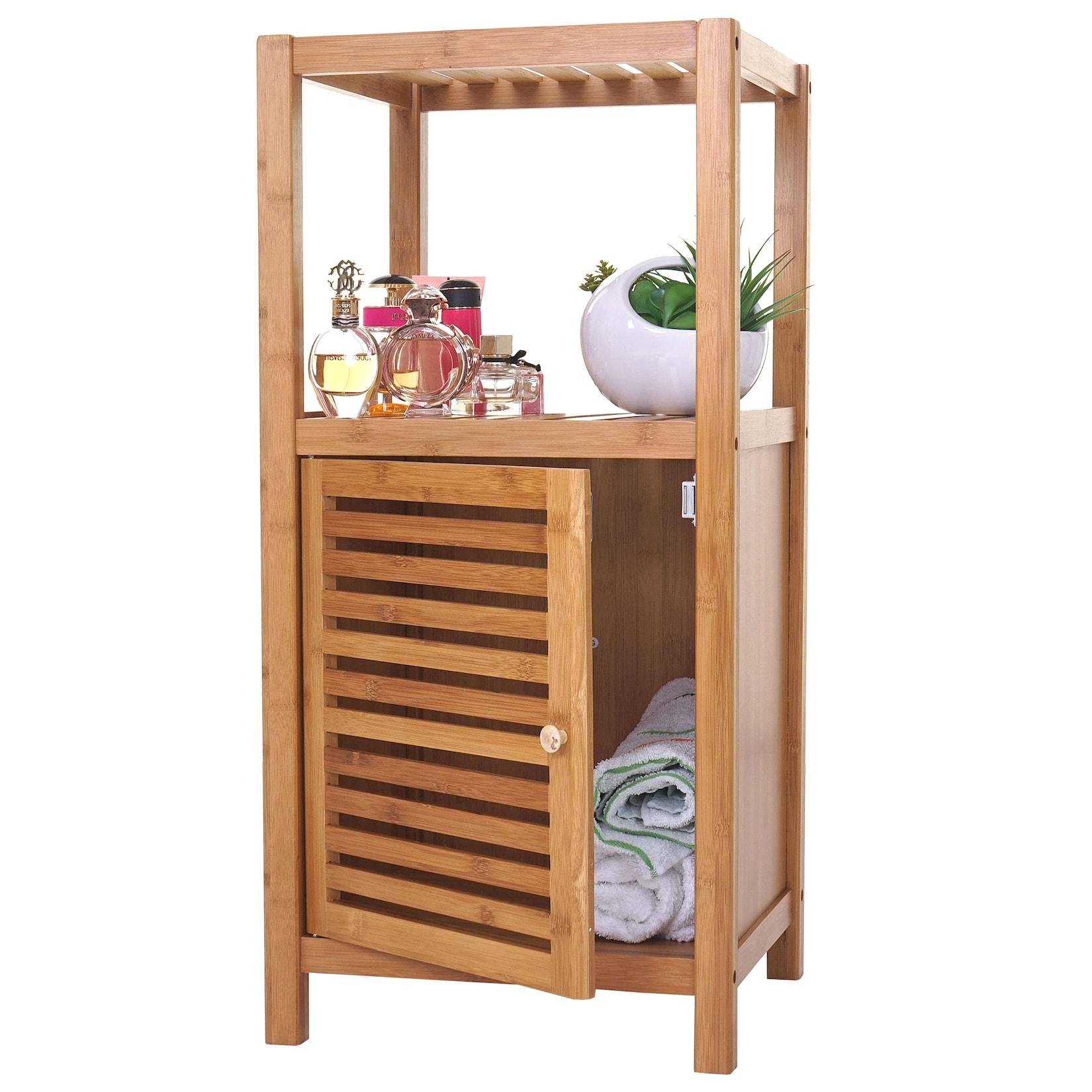 Badregal MCW-B18, Badezimmer Badschrank Standregal mit Tür, Bambus ~ 80x36x34cm
