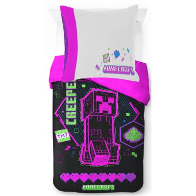 Kinderbettwäsche MINECRAFT "Minecraft Cyber Neon", lila, B/L: 135cm x 200cm, 1 Stk., 1 Stk., Linon, B/L: 80cm x 80cm, 2, Linon, Obermaterial: 100% Baumwolle, Bettwäsche, 100% Baumwolle