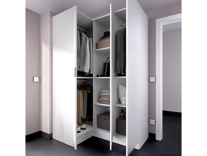 Dmora - Kledingkast Meru, slaapkamer-hoekkast, garderobekast met 3 vleugeldeuren, 133 x 91 x 184 cm, wit