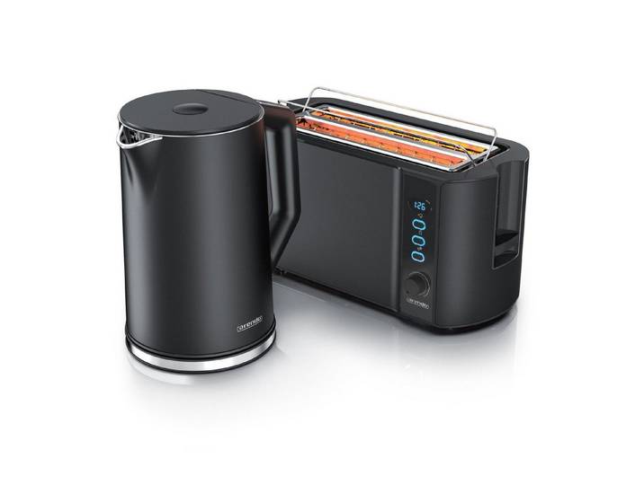 Arendo Frühstücks-Set Edelstahl Wasserkocher 1,5l, 4-Scheiben Langschlitz Toaster, Schwarz (2-tlg), BPA-frei, GS-geprüfte Sicherheit, perfekt fürs Familienfrühstück