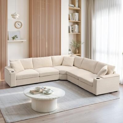 Direct Wicker "104"" Convertible Corduroy L-Shaped Sectional Sofa with Armrest Storage, Cup Holders, USB Charger"