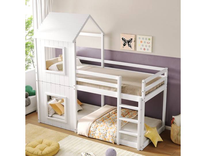 Lit Cabane Enfant 90x200 Cm Bois Massif Blanc Échelle Baldaquin