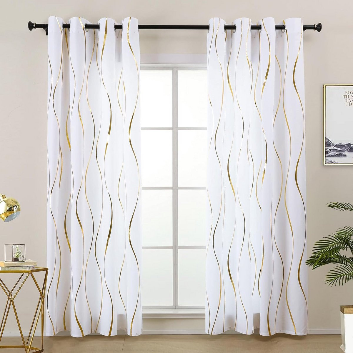 Set van 2 semi-transparante oogjesgordijnen goud/wit voor inkijkbescherming, 140 x 145 cm