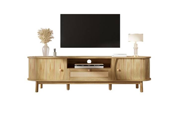 Meuble TV en Rotin Meuble TV Salon Portes en Bois Massif Tiroirs Grand Rangement Style Campagne Naturel
