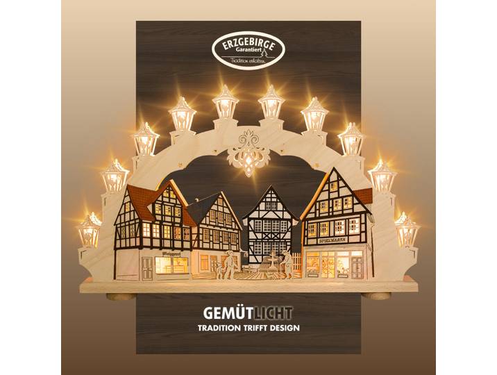 Schwibbogen WEIGLA Altstadt, Fachwerkhaus, Lichterbogen aus Holz, Made in Germany , beige (natur, braun), B:66cm H:41cm T:6cm, Holzwerkstoff, Schwibbögen, Schwibbogen, Erzgebirge garantiert, Weihnachtsdeko Innen, Weihnachtsbeleuchtung