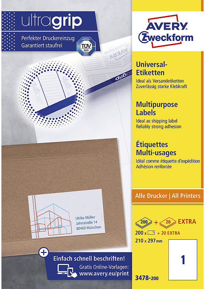 kaiserkraft Universaletiketten permanent, weiß, LxB 210 x 297 mm, 200 Bögen