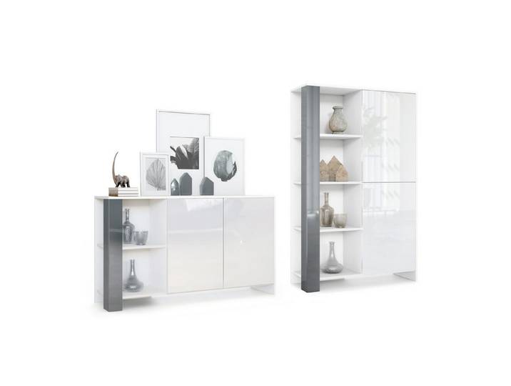 Vladon Wohnwand Venedig, (Wohnraum Set, bestehend aus 1 Highboard und 1 Sideboard), Weiß matt, Weiß Hochglanz, Grau Hochglanz