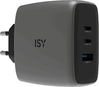 Cargador de pared - ISY IAC-7100, 100W, 3 puertos, Carga ultrarrápida, Gris oscuro