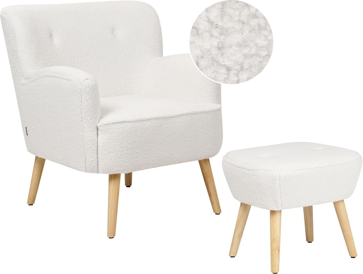 Tumba Moderne Boho Lounge Fauteuil met Voetenbank Set - Wit Bouclé