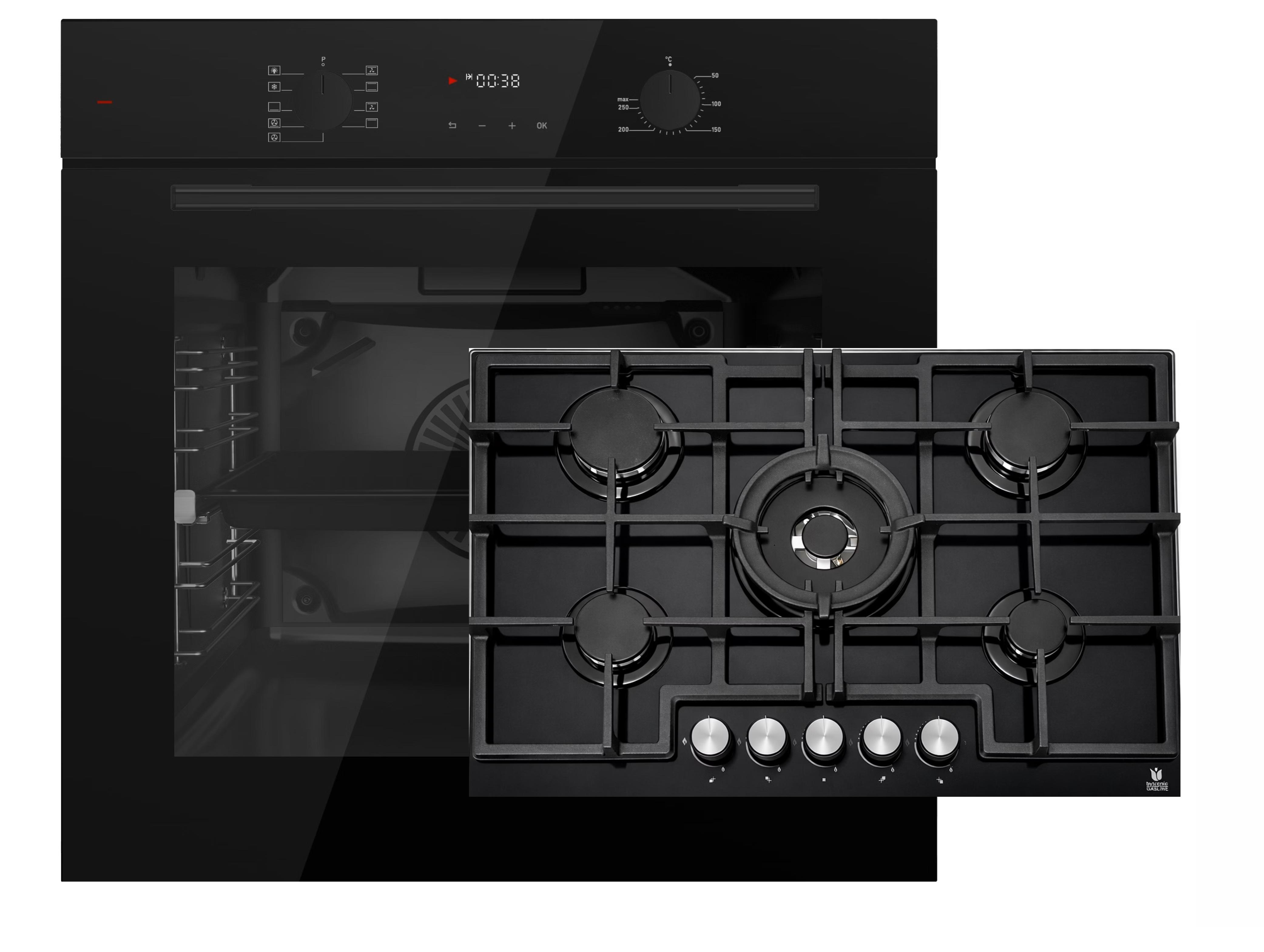 Böhme Einbaubackofen Schwarz Glas mit Heißluft, Timer, 1-fach Teleskopauszug HB60F78PPB + Gasline GAG75GLG Gaskochfeld 75cm Schwarz Glaskeramik