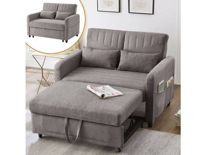 Canapé convertible 2 places avec dossier 3 positions design extensible tissu coton-lin gris mousse