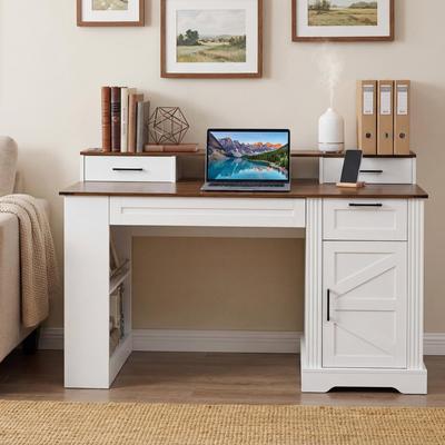 Kodotan sofa "55"" Farmhouse Office Desk with Storage Cabinet & Charging Station, Barn Door Design Computer Writing Desk"