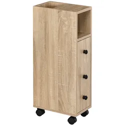 kleankin Badezimmerschrank freistehend 2 offene Fächer 1 Tür 1 Schublade 4 Rollen Eichenholzoptik