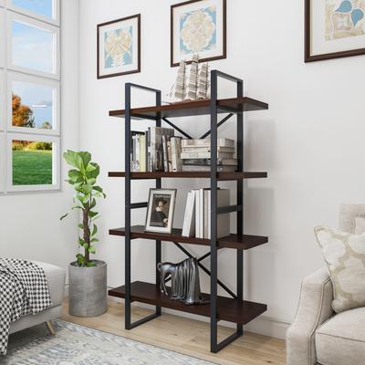 Davee Furniture "Leandro Black Walnut Adjustable Wood and Metal Display and Steel Etagere Bookcase - 56.7"" H x 35.43"" W x 12.5"" D"