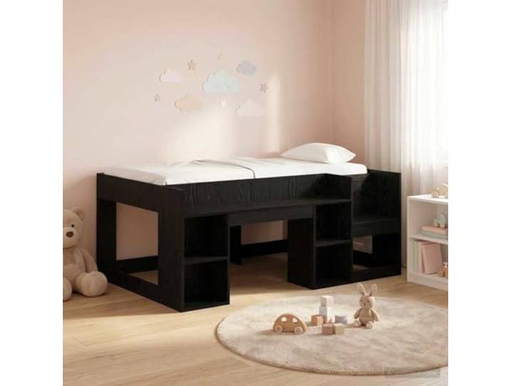 RJPLMFV Bettgestell für Kinder, Eiche, Schwarz, 80 x 160 cm Langlebiges Holz, Lagerregale, feste Lamellen, modernes Design, einfache Montage