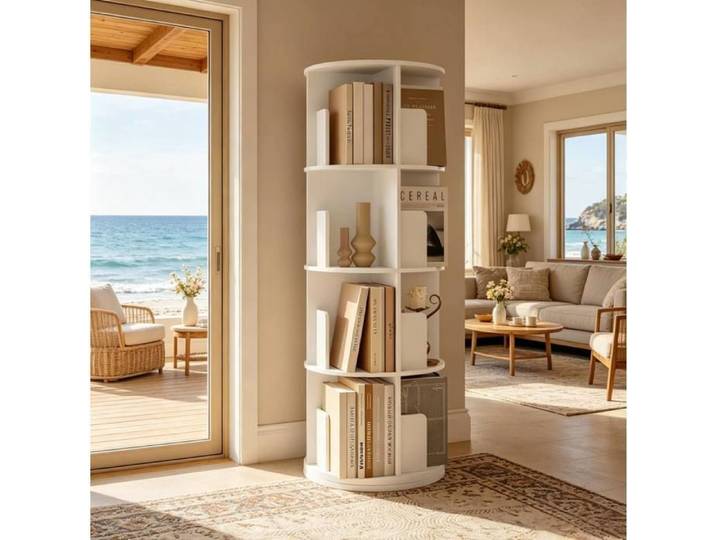Bibliothèque rotative VUENOR 44 x 44 x 126 cm blanche – 4 niveaux 16 compartiments
